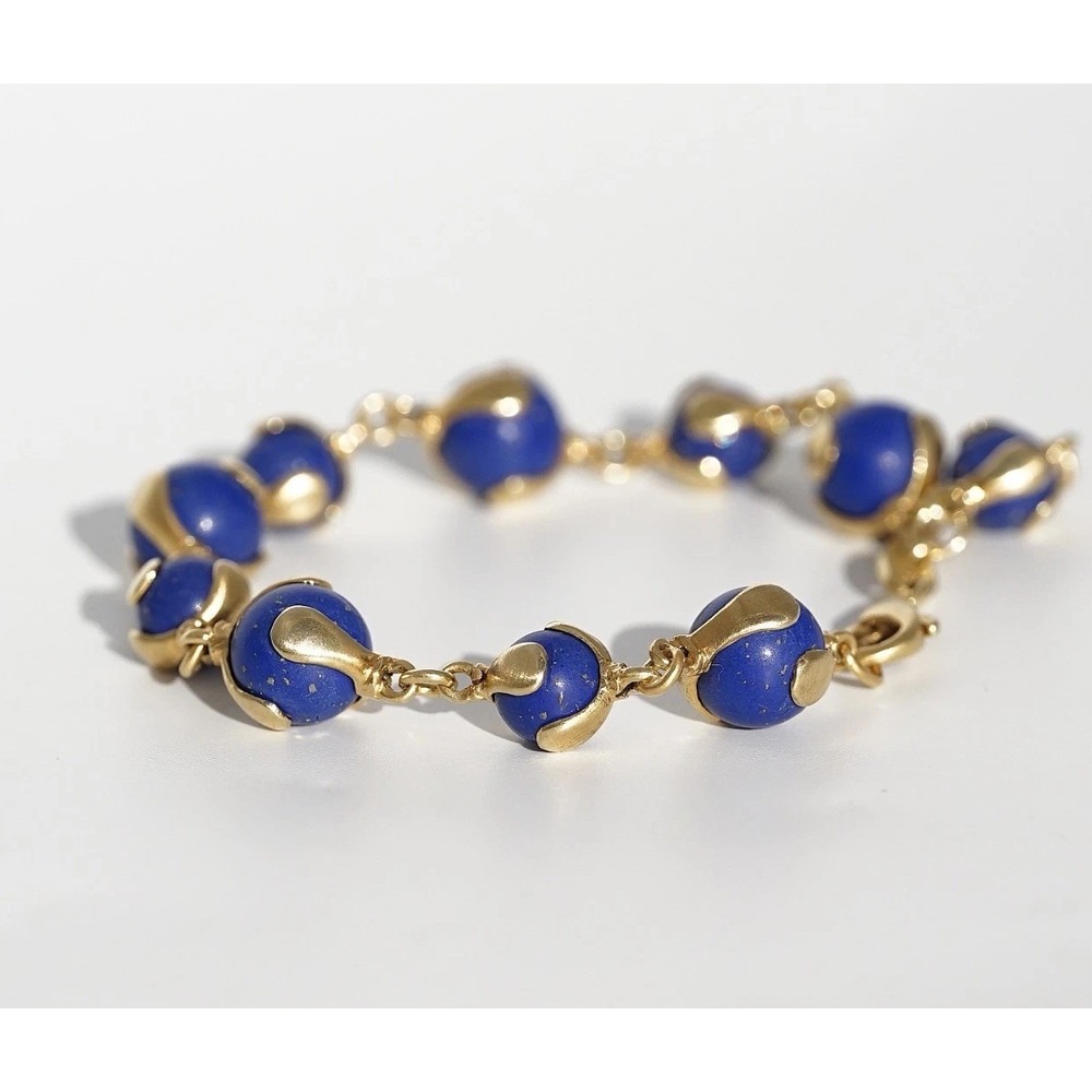 Vintage MIDAS 14k Solid Yellow Gold Lapis‎ Lazuli Bead Bracelet Modern Abstract